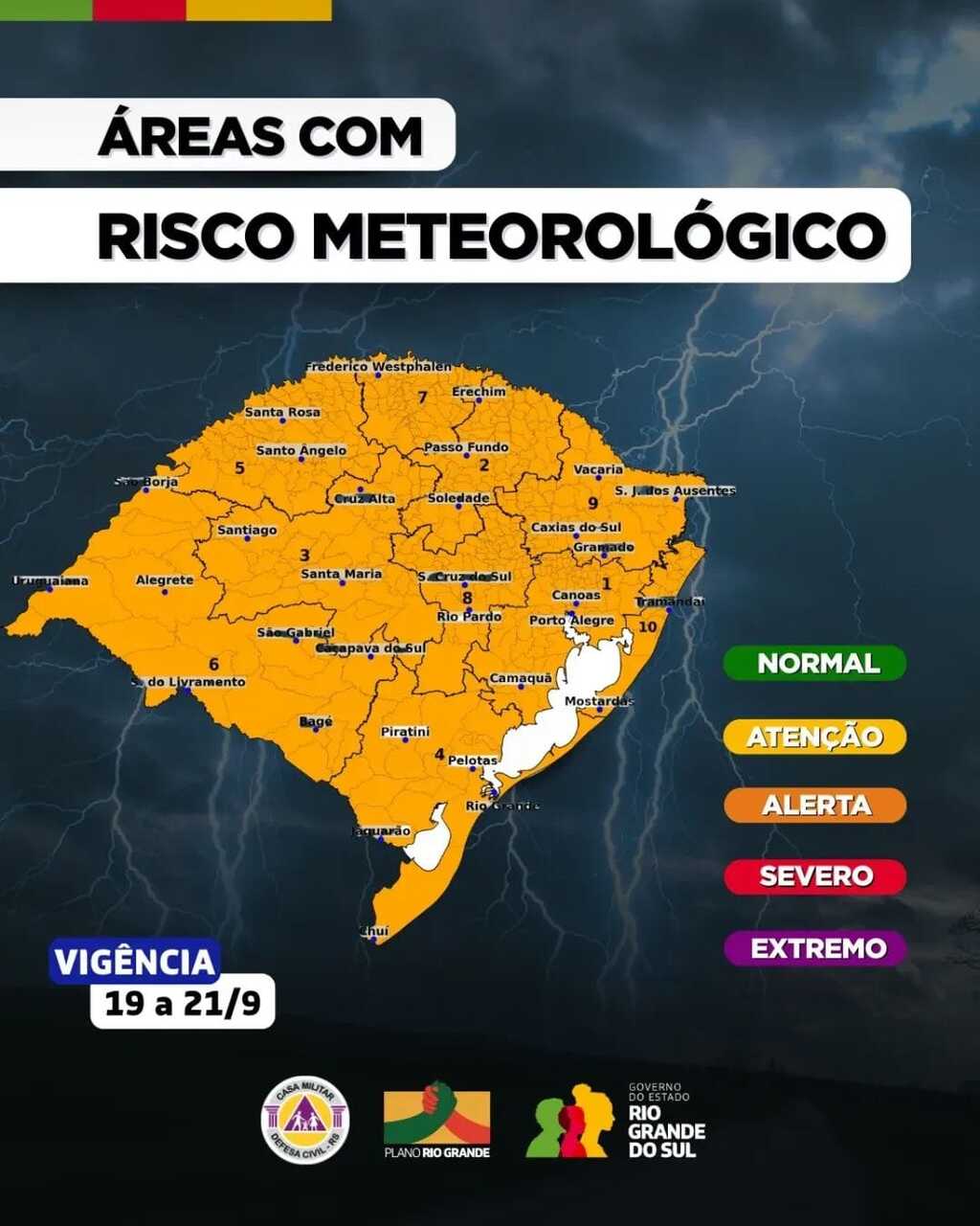 Defesa Civil alerta para tempestades severas e ventos acima de 100 km/h até segunda-feira