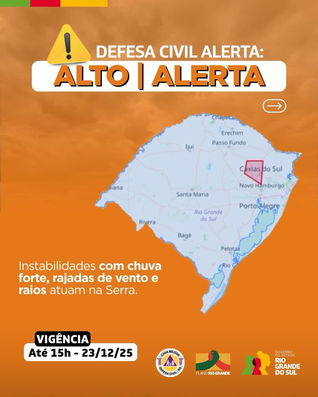 Defesa Civil emite alerta de alto risco para temporais na Serra Gaúcha