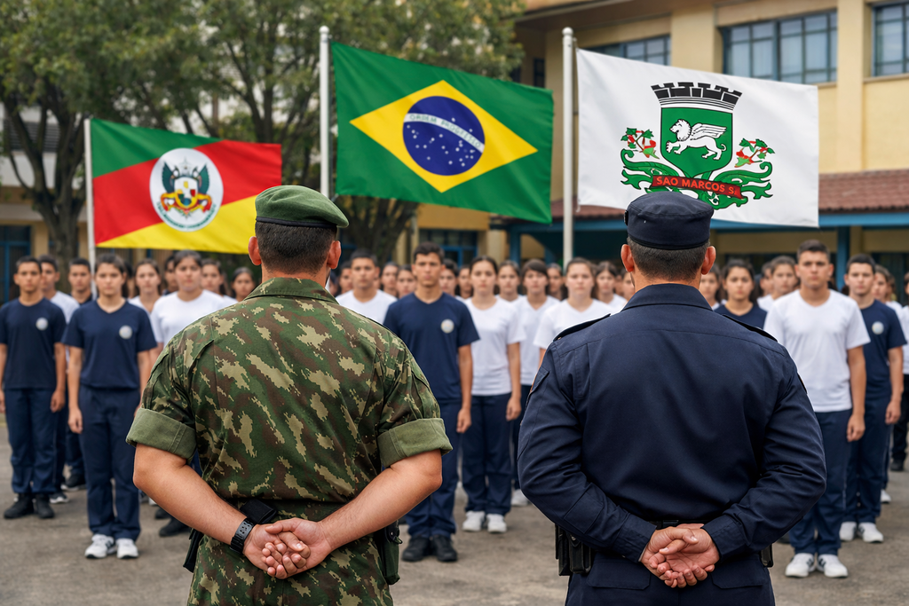 Dois militares observam alunos enfileirados em pátio escolar durante formação cívica, com bandeiras do Brasil, do Rio Grande do Sul e de São Marcos ao fundo.