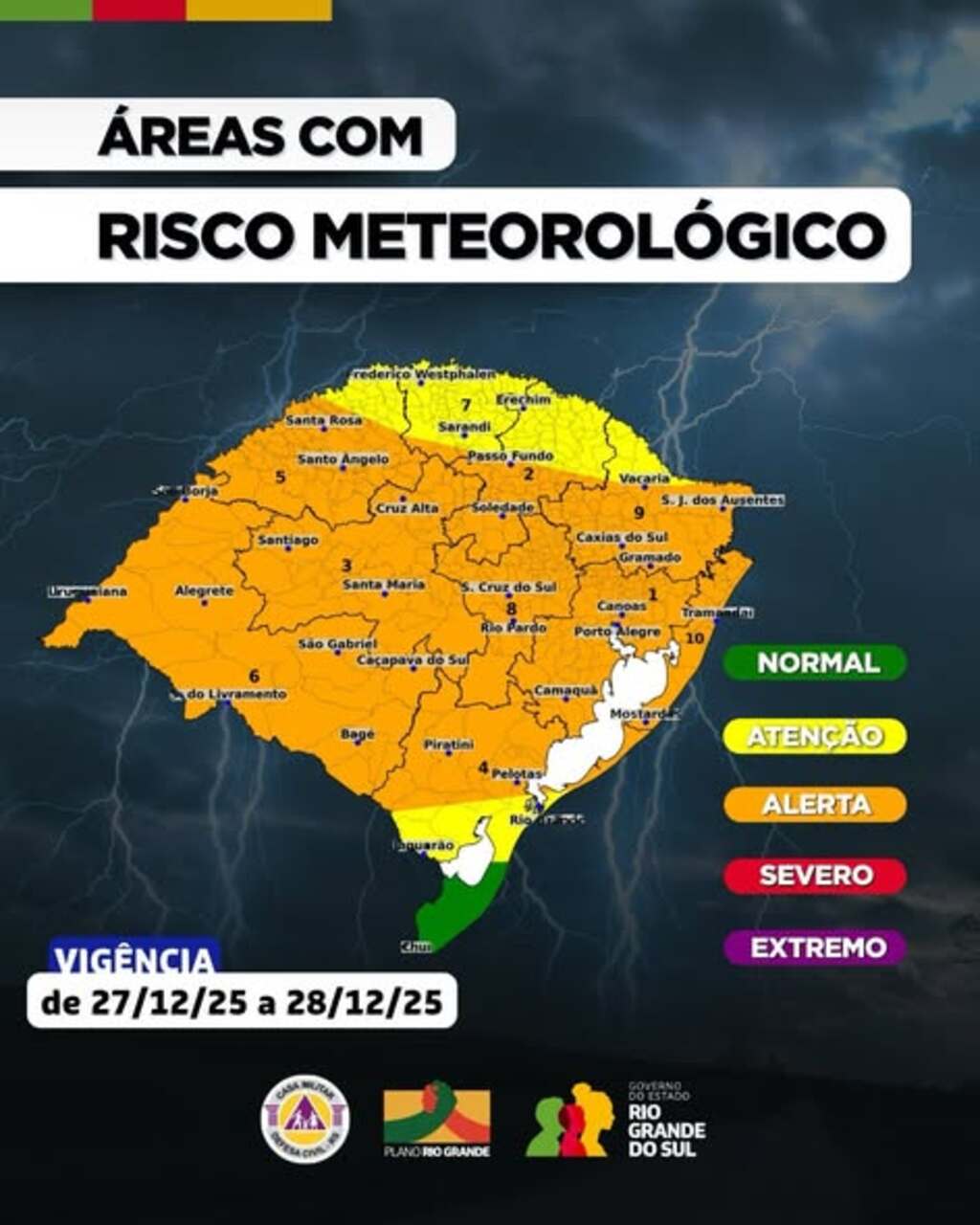 Defesa Civil emite alerta para temporais intensos no Rio Grande do Sul neste fim de semana