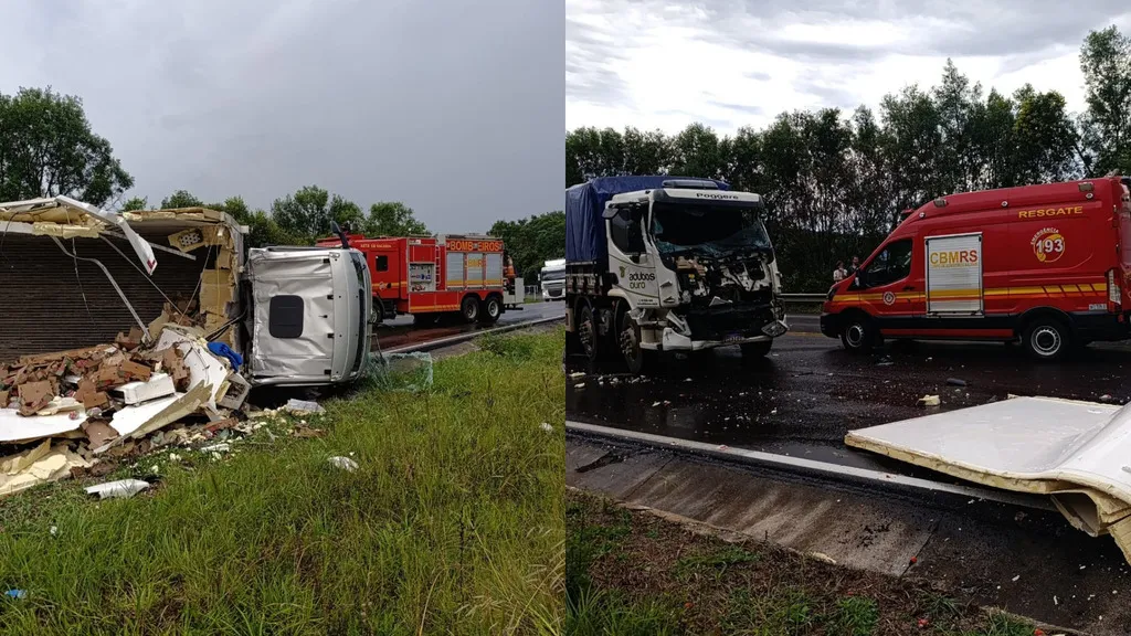Caminhão tombado com carga espalhada às margens da BR-116 e outro caminhão com a parte frontal danificada na pista, enquanto equipes do Corpo de Bombeiros atendem a ocorrência em Vacaria.