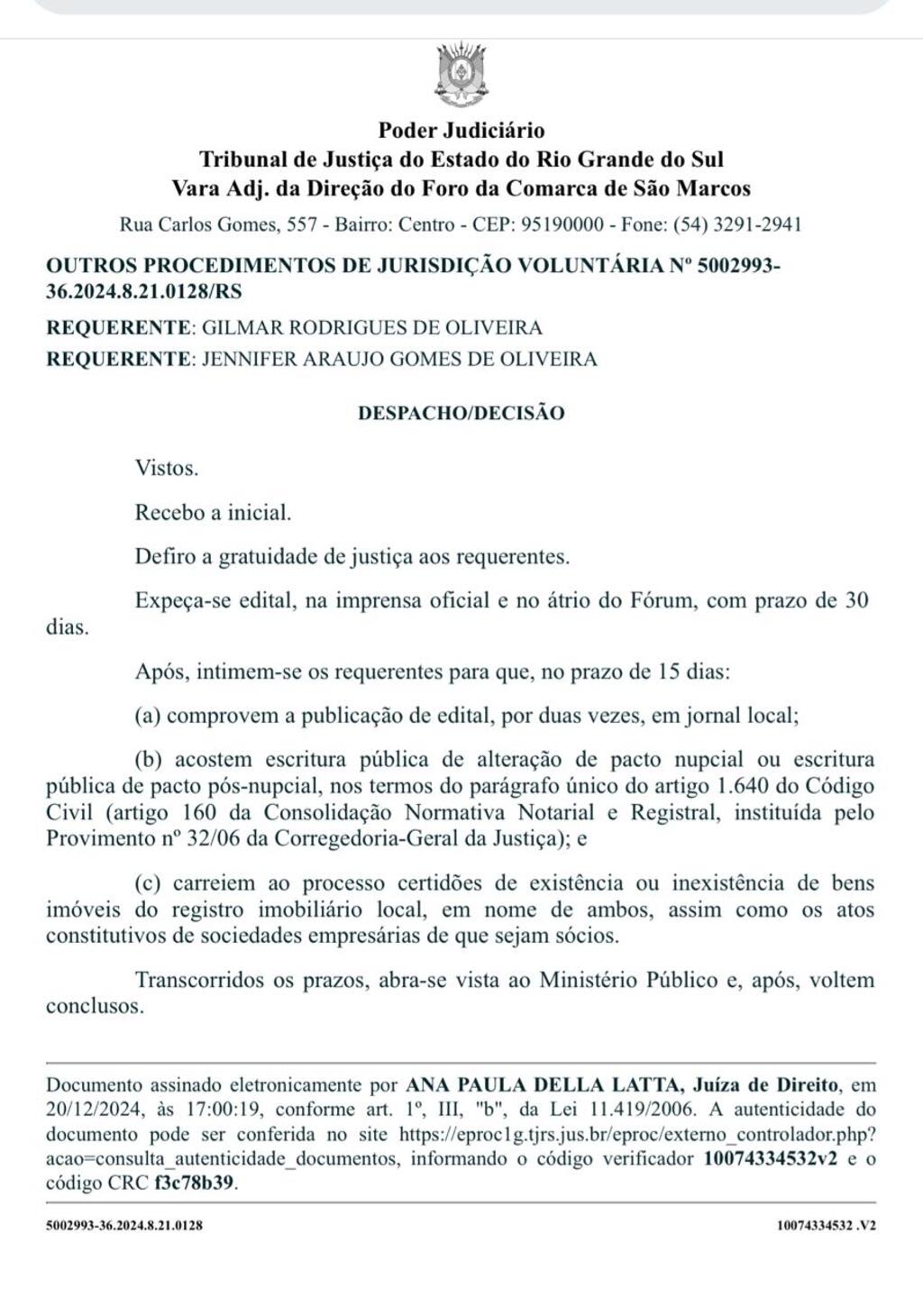 Tribunal de Justiça do Estado do Rio Grande do Sul Vara Adj. da Direção do Foro da Comarca de São Marcos